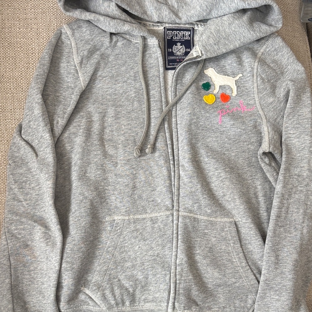 PINK Victoria's Secret Gray Hoodie with Colorful Accents